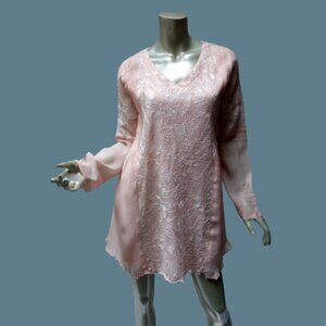 Pink Boho Kameez Dress Embroidered Pleated Gauze Layered Anarkali - Medium